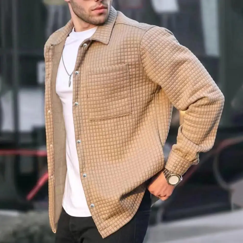 Versatile Men Jacket Stylish Men's Lapel Jacket with Patch Pocket Waffle Texture Single Breasted Coat for A Sophisticated Look