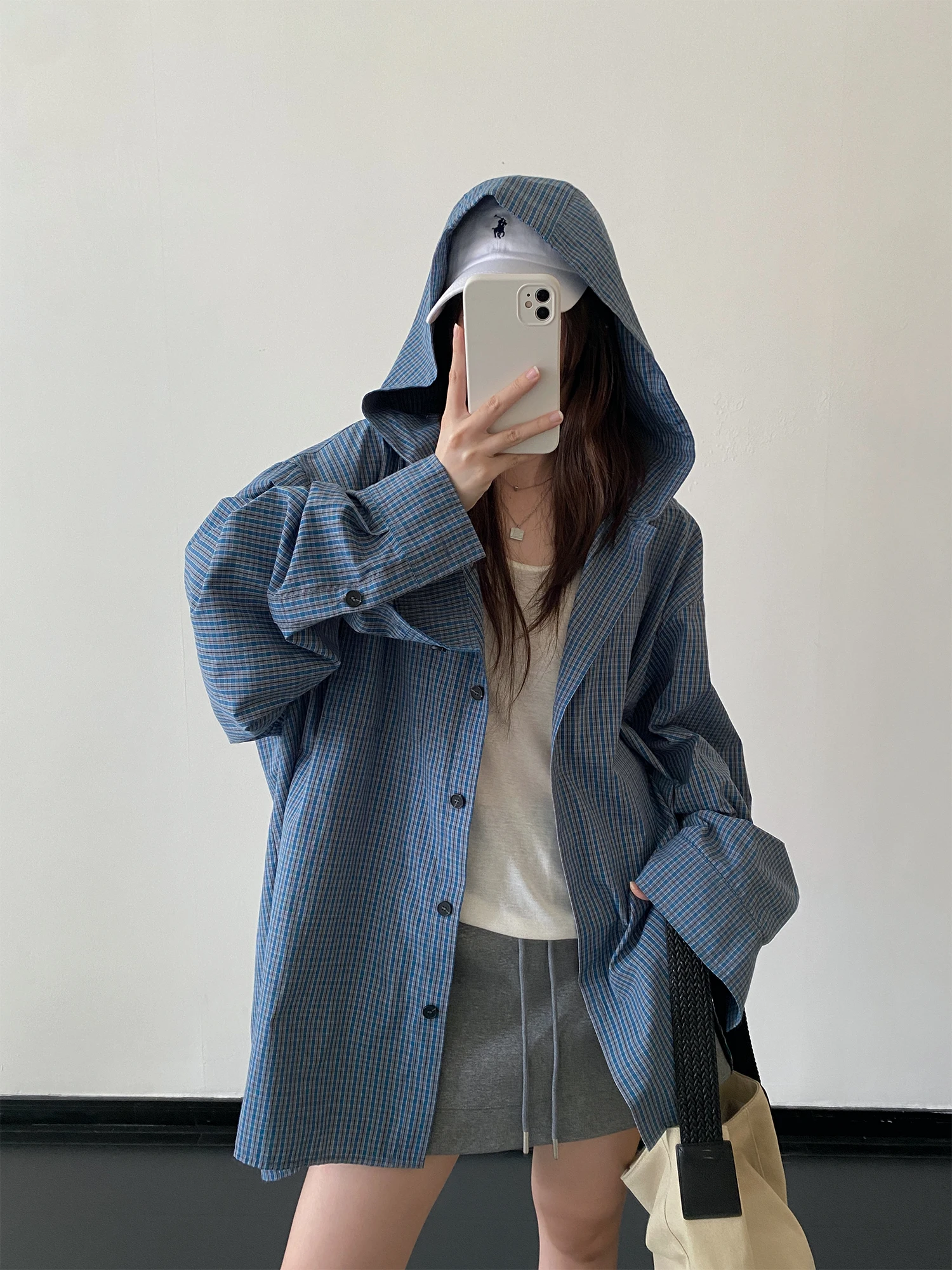 

Blue Classic Plaid Hooded Dstring Loose Slimming irt Jaet Women's Casual Comfortable Breathable Button Front Coat