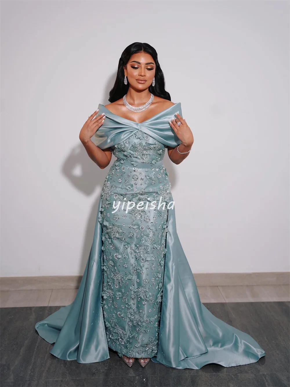 Customized Exquisite Formal Charmeuse Rhinestone Beading Straight Off-the-shoulder Ankle Length Dresses Bespoke Occasion Dresses