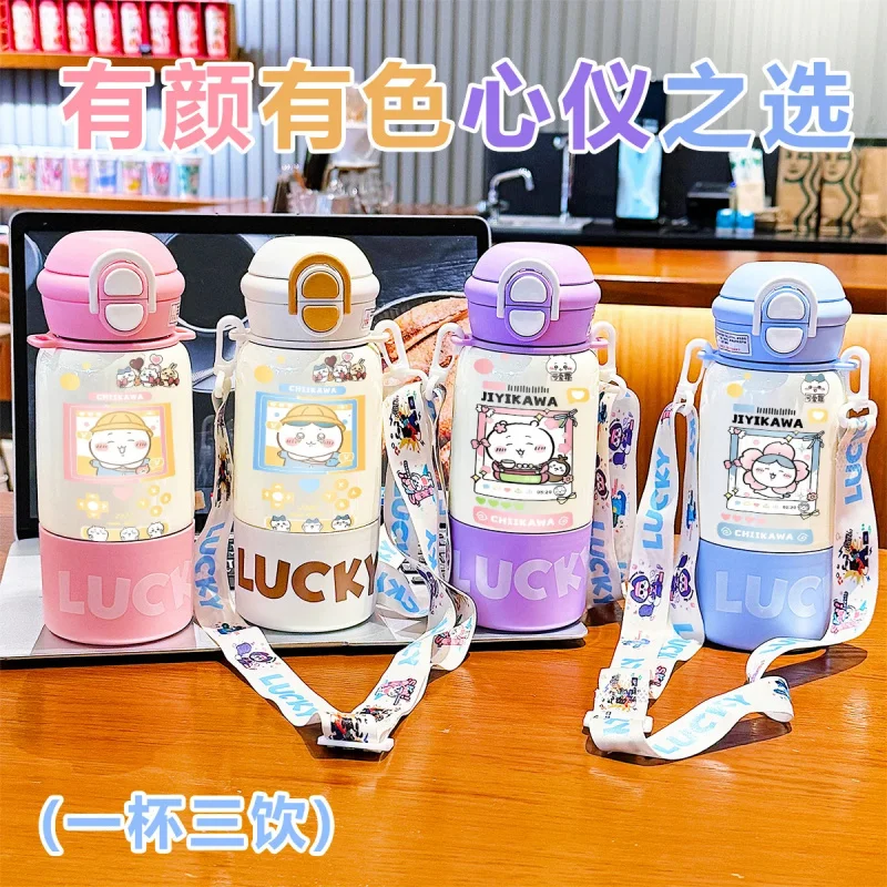 

Kawaii Chiikawa Three-Way Drink Water Cup Cute Leakproof Plastic Cup with Shoulder Strap Great for Daily Use School Outdoor