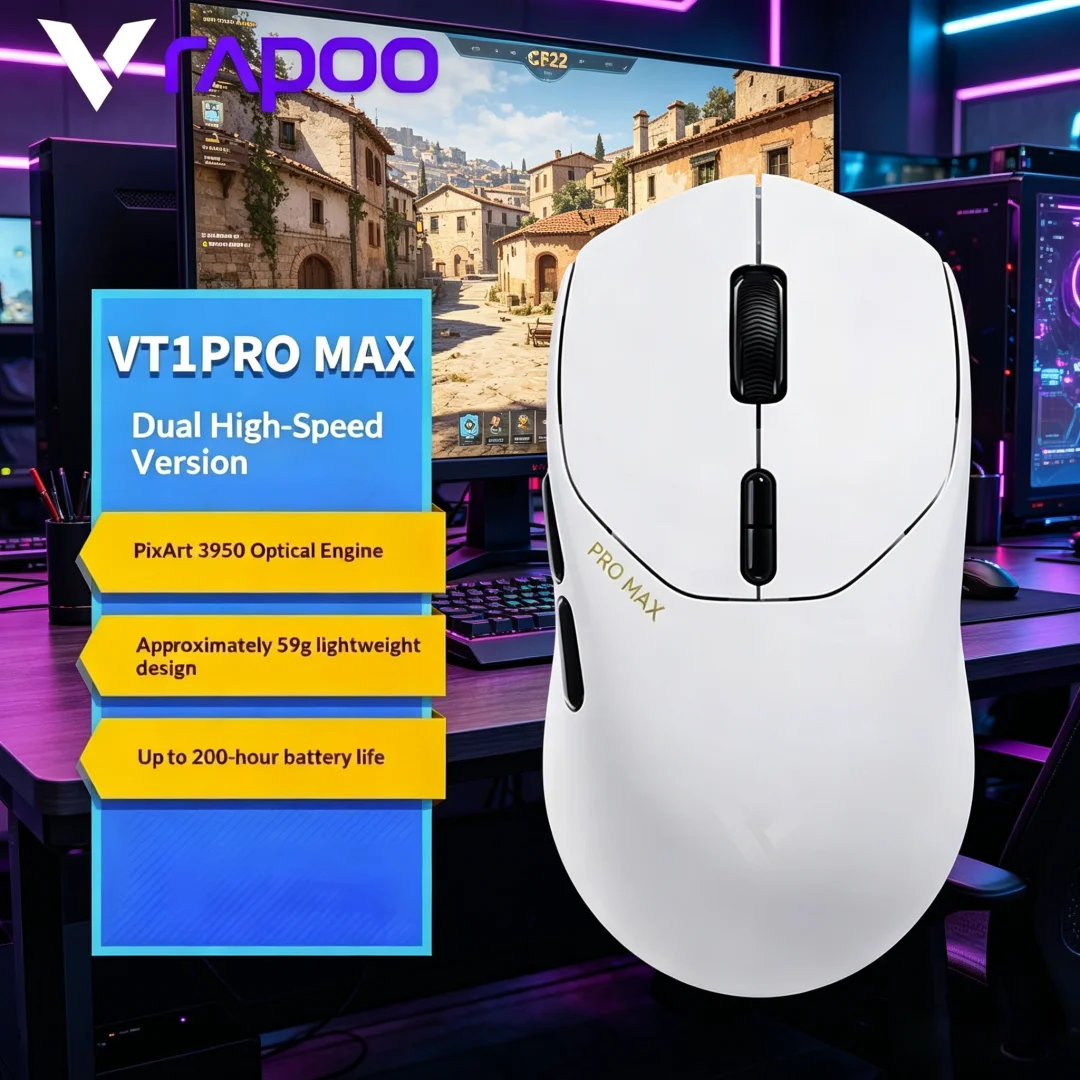 Rapoo VT1PRO MAX Wireless Gaming Mouse  Exquisite 59g Lightweight, 8KHz Polling Rate, 30000DPI, 9 Programmable Buttons