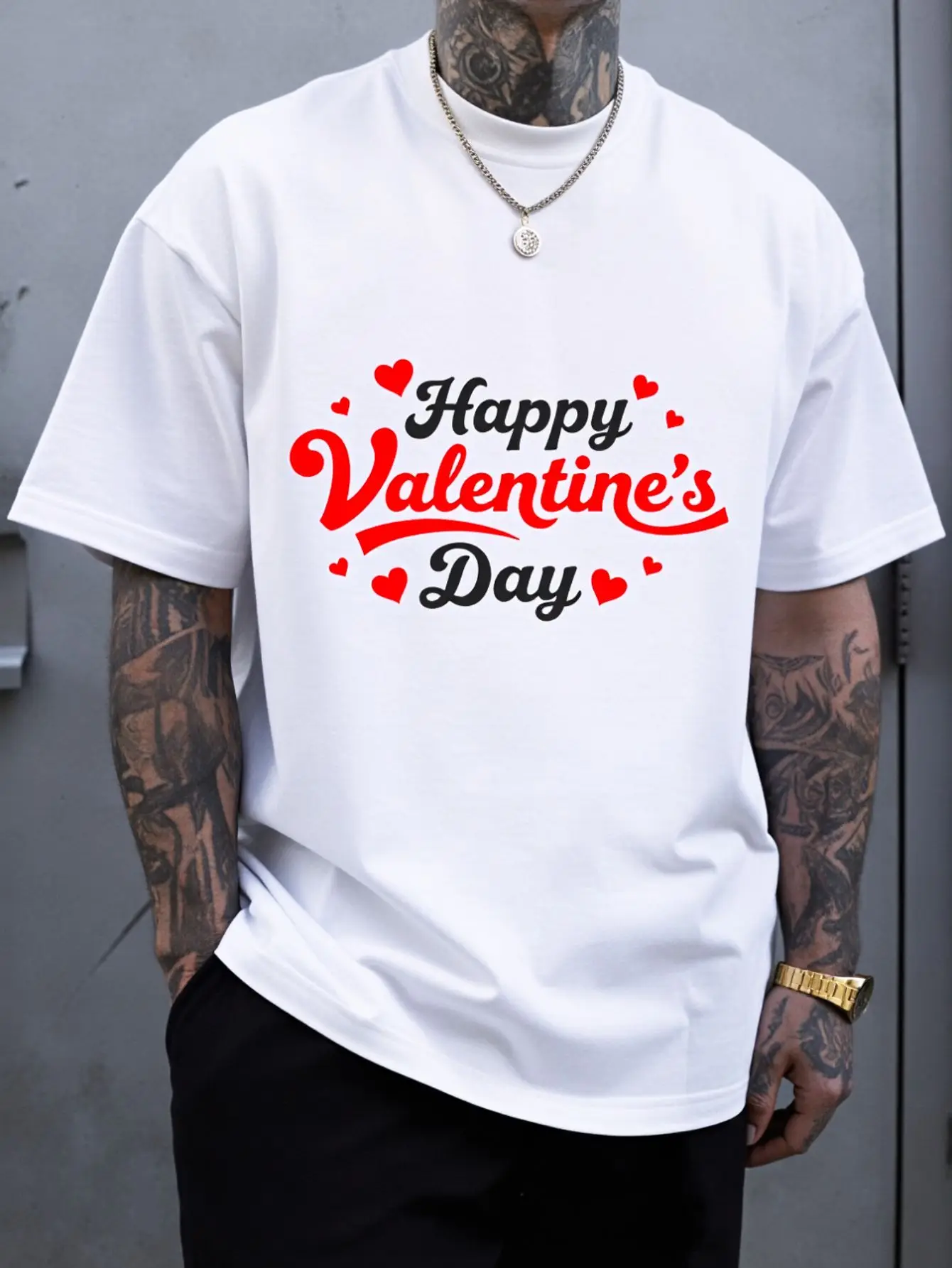 1pc Men'S Valentine'S Day Shirt  Romantic Red Hearts And Happy Valentine'S Day Print, Soft Daily T-Shirt, Ideal For Gifts, Dates, Anniversaries - Machine Washable Black, Casual Crew Neck, Stretch Fabric