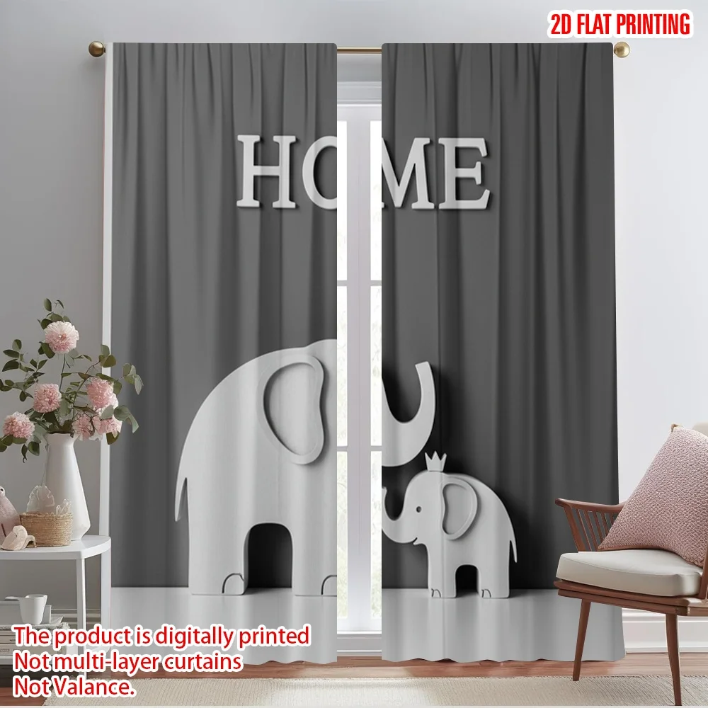 

2pcs 2D flat printing Curtains Home Elephant Family Crown 100% Polyester Without Electricity Festive Wall Decor Perfect for