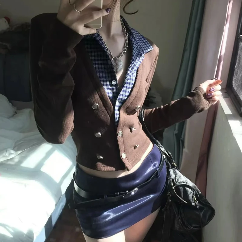 Genayooa Y2k قميص ياباني نسائي مرقع بأكمام طويلة مكون من قطعتين قطع علوية أمريكية ريترو 90s ملابس علوية من Gurnge ملابس الشارع