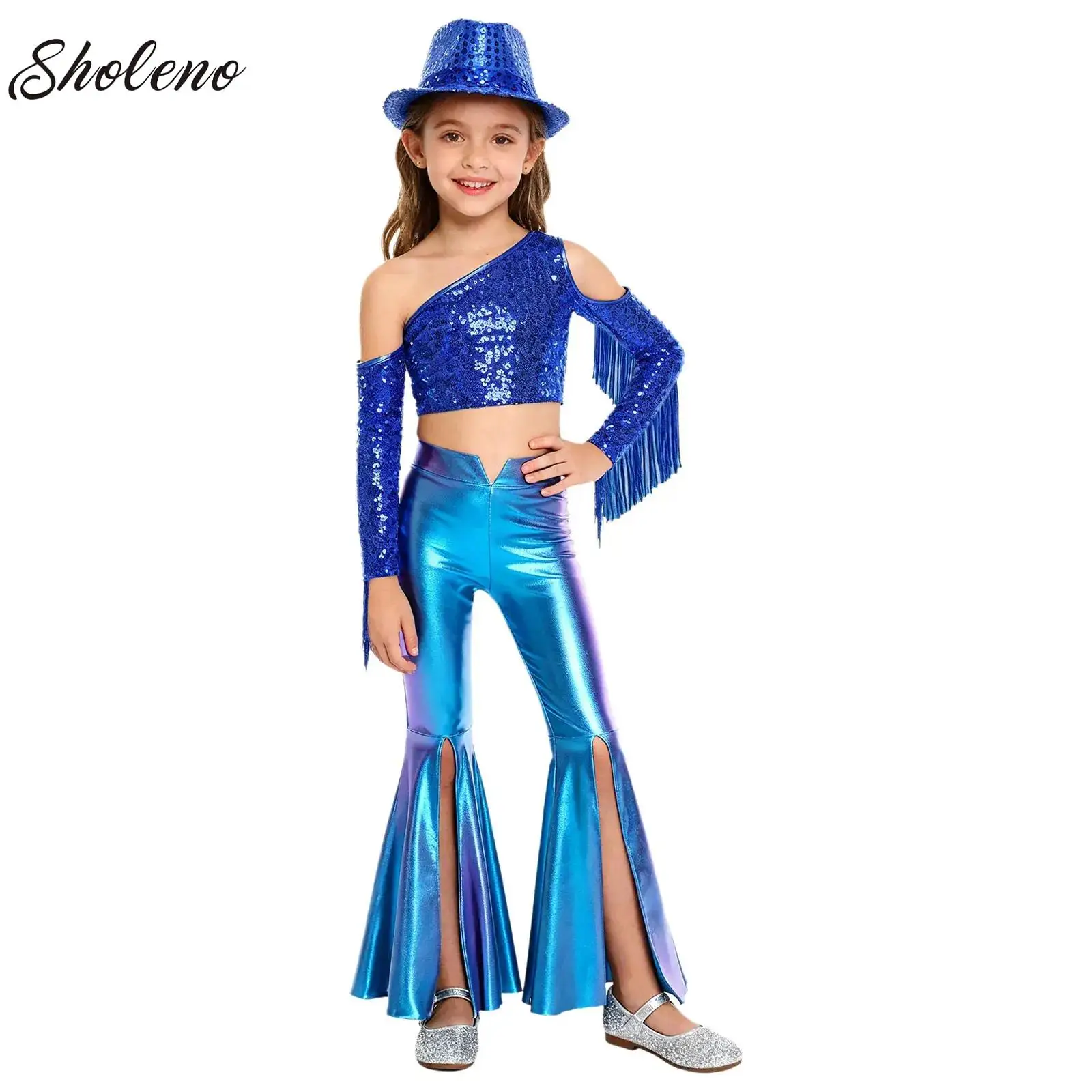キッズガールズディスコジャズダンスコスチュームワンショルダースパンコールトップ+スプリットベルボトムパンツ+帽子ページェントセットベリーダンスパフォーマンス用