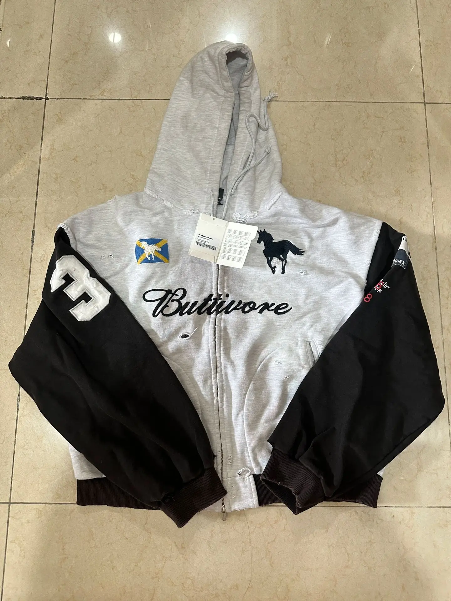 PROJEKT G/R Patchwork Spleißen Beschädigtes Loch Reißverschluss Strickjacke Mantel Männer Frauen Unisex Baumwolle Übergroße Logo Stickerei
