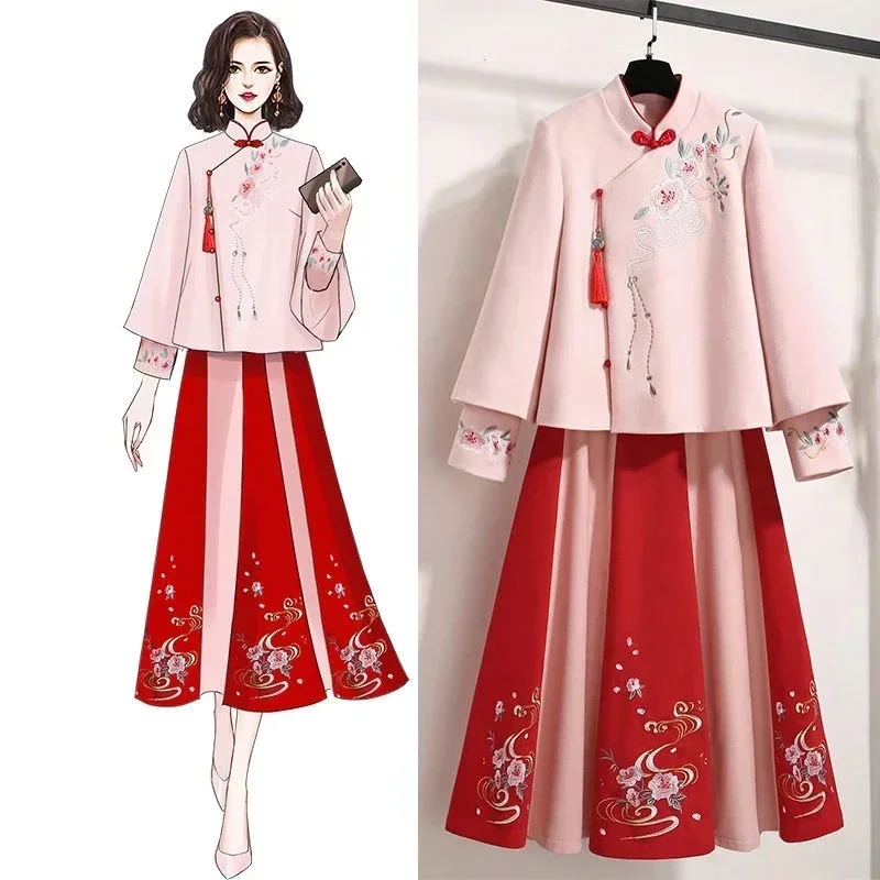 Chinese Style Embroidery Thin Tops Oversized Plus Size Women Slim Red Coat Woolen Spring Cheongsam Hanfu Coat Skirt Costume