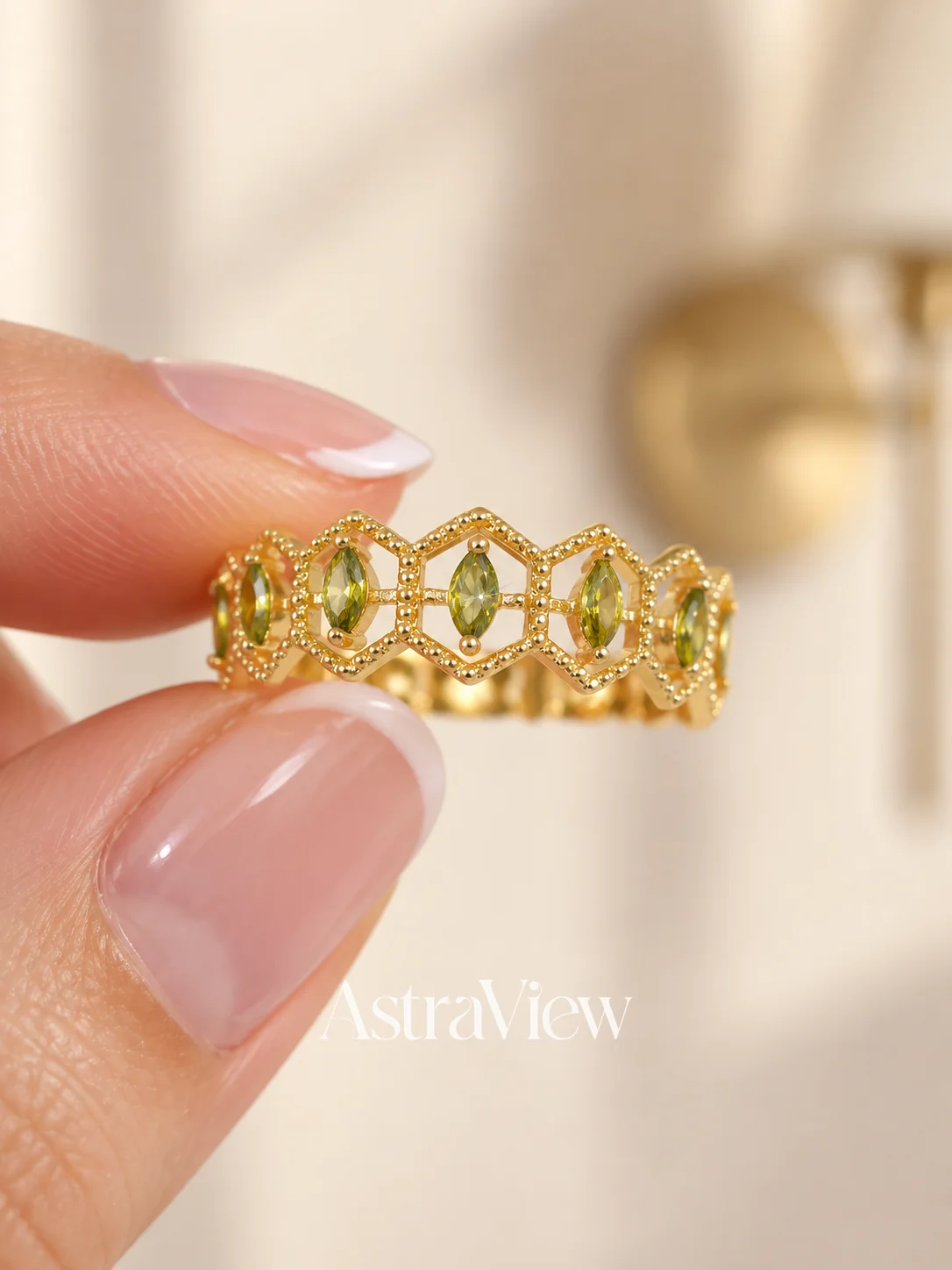 ASTRAVIEW Olive Green Openwork Diamond-Shaped Open Ring for Women, Elegant Jewelry, Wedding Bridal Jewelry, Anniversary Gift