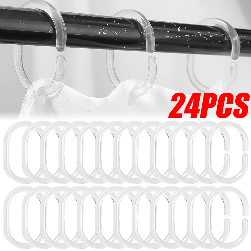 24/12PCS Clear Shower Curtain Rings Plastic C Shaped Bath Curtain Hook Hanger Ring Clip Convenient Replacement Bathroom Supplies