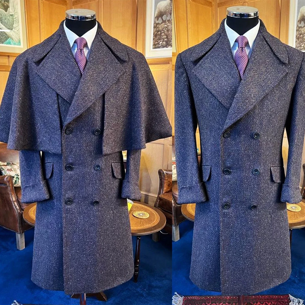 Men's Tweed Overcoat With Detachable Cape Thick Trench Coat Double Breasted Plus Size Formal Casual Wear Winter Warm Jacket