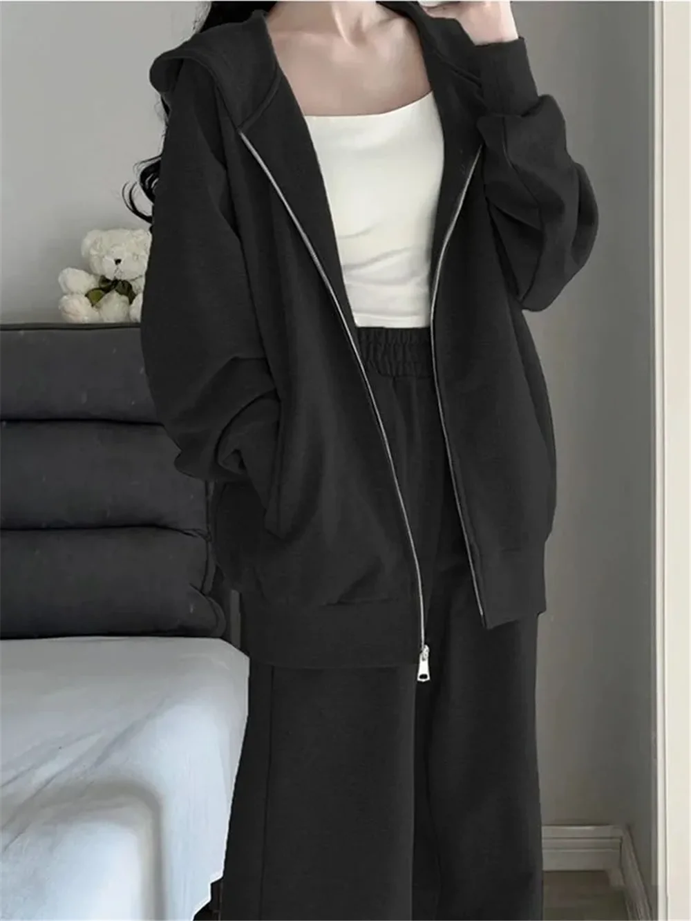 Winter Hoodie 2 Piece Autumn Women Thick Hoodie Coat Drawstring High Waist Loose Casual Pant Set Lined Fleece Clothes Streetwear