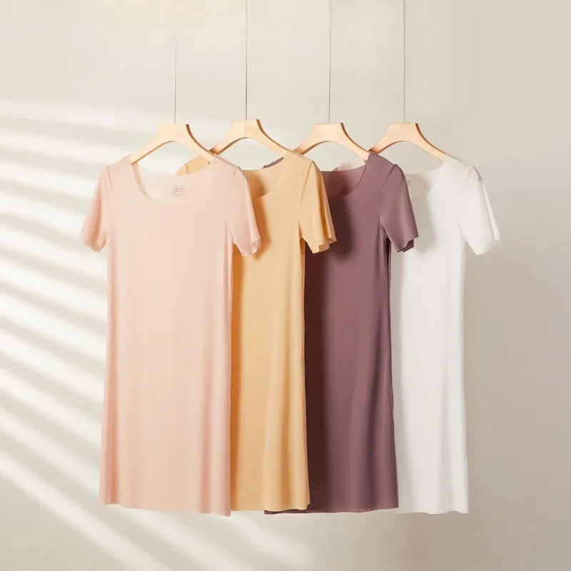 Camisola vestido de seda resfriamento deslizamento para mulher curva sem costura aumentando chemise mangas curtas pena luz loungewear camadas