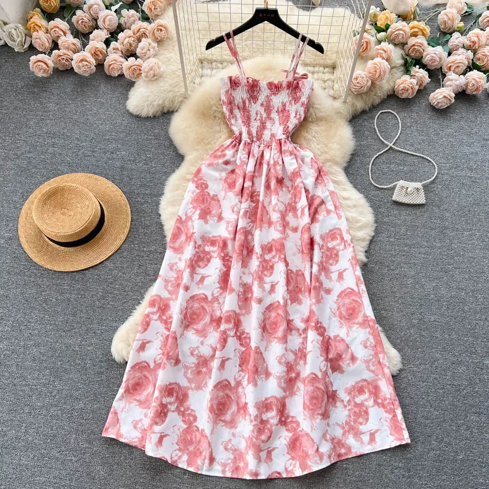 2024 New Summer Korean Fashion Rose Flower Print Romantic Retro Party Dress Elastic High Waist Vacation Long Dress Beach Vestido