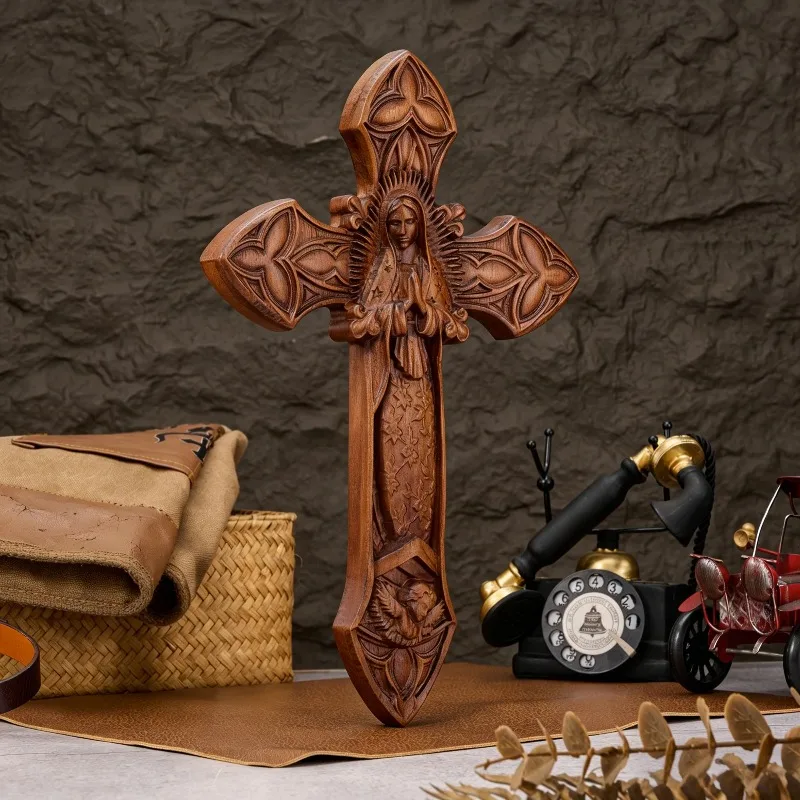 Faith Wooden Our Lady Wall Cross Hand Carved Virgin Mary Relief Sculpture Catholic Religious Wall Hanging Decor
