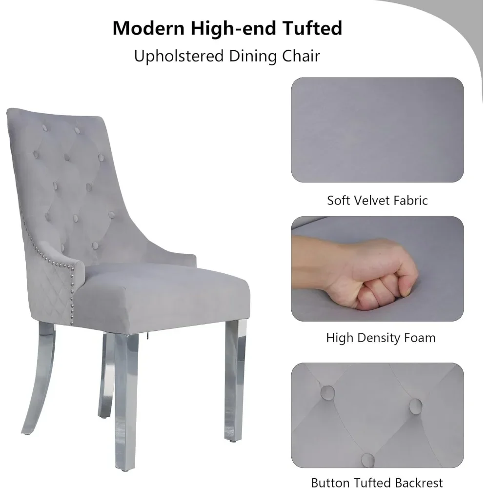 Velvet Dining Chairs Set, Tufted Nailhead with Stainless Steel Legs and Lion Head Pull Ring, Wingback Dining Kitchen Chairs