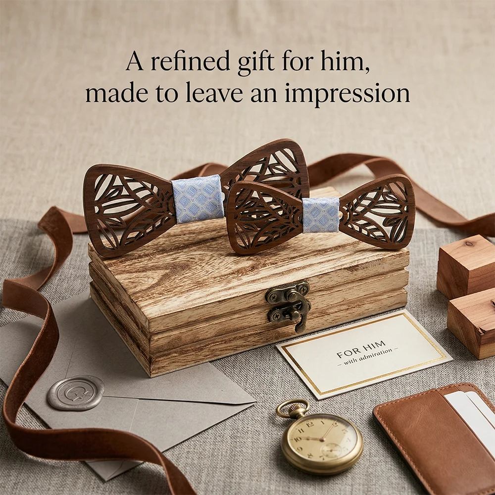 Adjustable Wooden Bow Tie for Men Leaf Lattice Blue Check Pattern Wedding Bowtie Cufflinks Blue Check Pocket Square Groom Gift