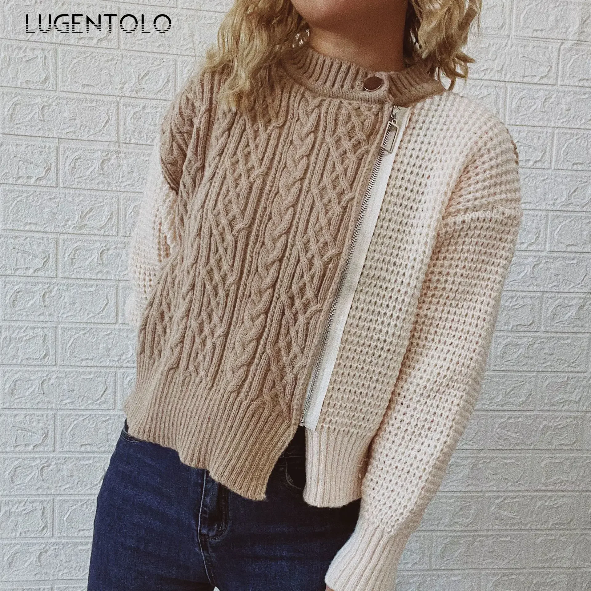 

Women Zipper Knit Sweaters Twist Patchwork O-neck New Autumn Winter Female Casual Cardigan Long Sleeve Short Cloth