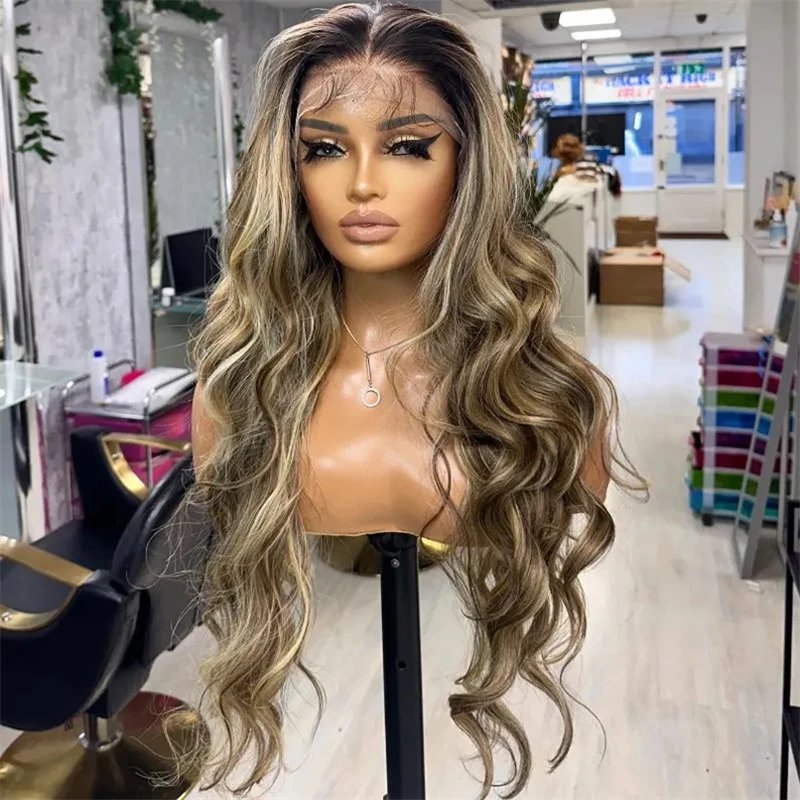 Ombre Brown Blonde Balayage Wig with Dark Roots Synthetic Lace Front Wig Natural Preplucked Hairline 28 Inch Long Body Wave Wig