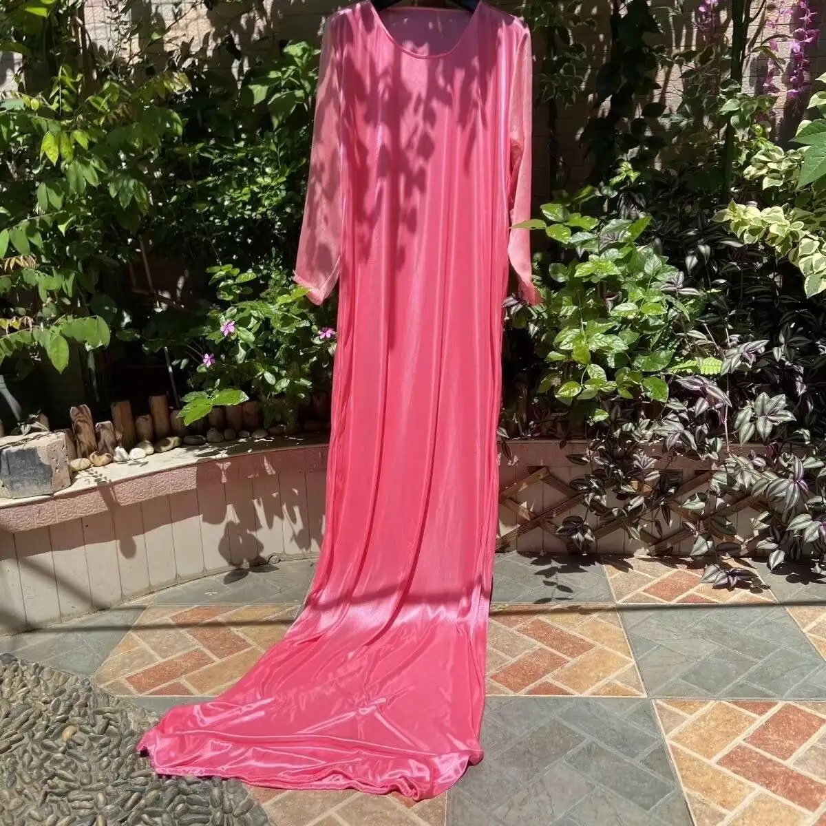 Vestido feminino brilhante com babados de cetim manga comprida vestido maxi solto plus size pijama de dormir robe