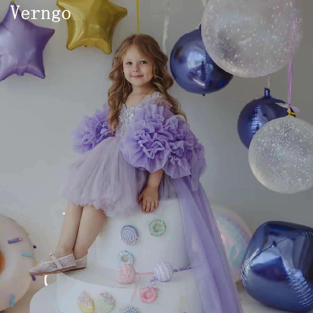 Verngo Girls Purple Tulle Birthday Dress Puffy Bubble Long Sleeve Kids Princess Party Gown Toddler Photoshoot Outfit Customized