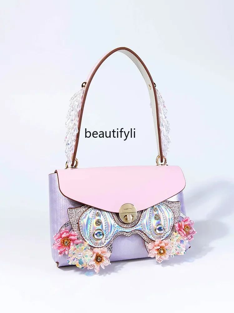 yj Niche Handmade Shoulder Crossbody Pink Small Square Bag Female Owl Face Changing Bag Advanced