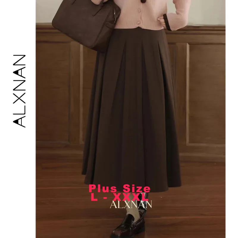 

ALXNAN Plus Size Brown Skirt High-waisted Simple Mid-length Pleated Skirt New Autumn Casual Versatile Women's Clothing D57757BSQ