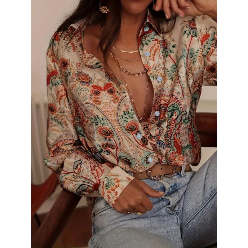 

Женская модная удобная рубашка с волнистой грудью и лацканами больших размеров в западном азиатском стиле с длинными рукавами