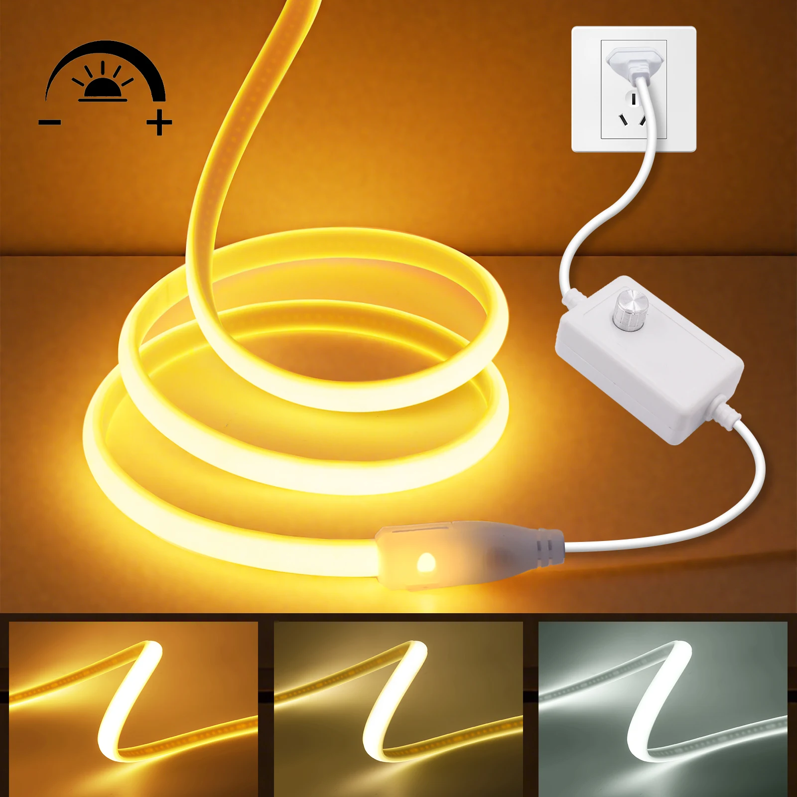 Tira de luces LED COB regulable, 288LEDs/M, 220V, 240V, enchufe UE, Reino Unido, cinta de neón Flexible, iluminación para armario de cocina, sin adhesivo de doble cara