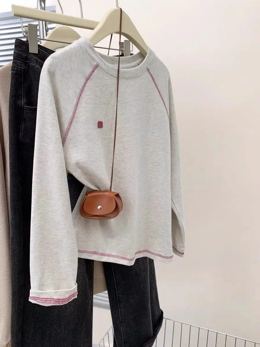 Felpa lunga Sve retrò americana color blo, vestibilità ampia, pullover rotondo Ne per donna, primavera autunno, versatile e confortevole