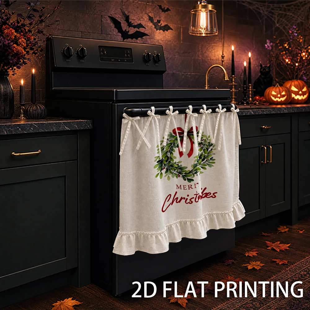 1PC kitchen stove curtain-cabinet curtain-apron. A festive wreath design with a red bow and the words 