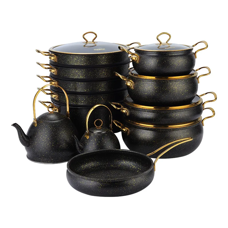 Premium Vintage 24PCS Granite Kitchenware Set 20-30CM Soup Pan Rose Gold Accent  Housewarming Gift Distribution Market
