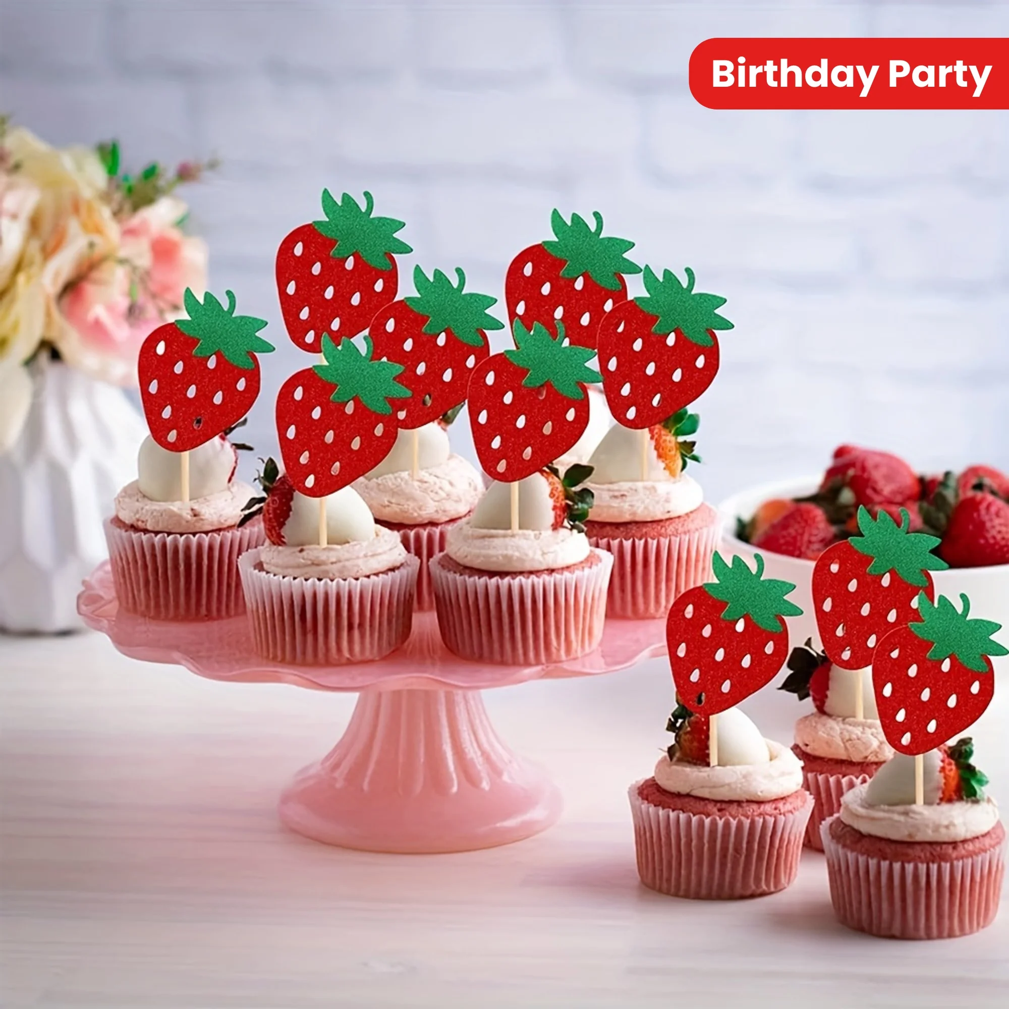 10 Stück Bambus-Erdbeer-Cupcake-Topper, roter Glitzer, kein Strom erforderlich, federlos, für Geburtstagsparty-Kuchen mit Sommerfruchtmotiv
