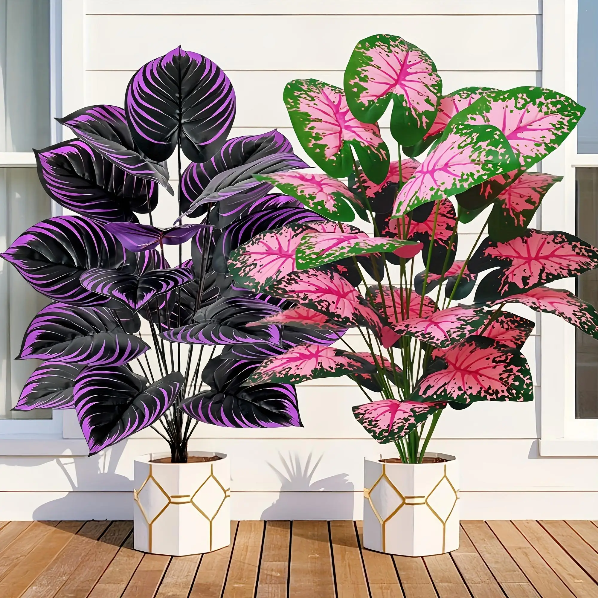 2er-Set künstliche Kaladiumpflanzen mit lila rosa Blatt, künstliche Bonsai-Pflanze für Boden, Garten, Zuhause, Schlafzimmer, Büro, Dekoration, Blumen