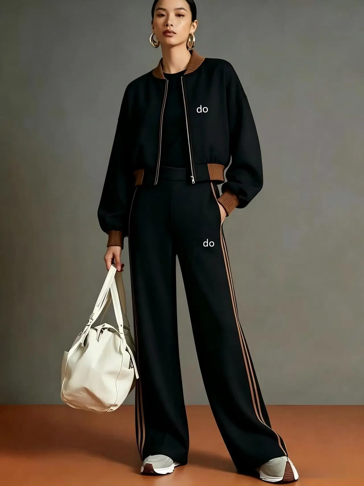 2026 autumn/winter new women's contrasting ribbed stand up collar long sleeved sports suit - wide leg sweatpants two-piece set