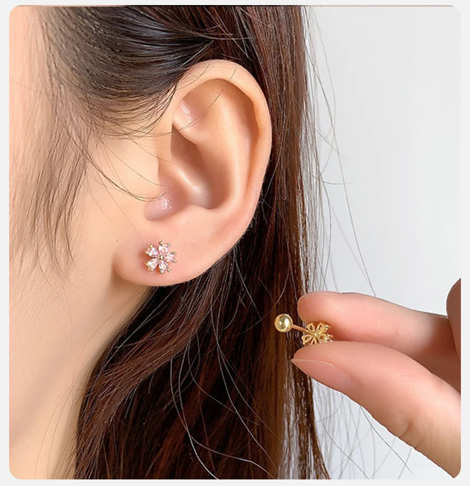 Vnox Süße Blumen-Ohrstecker mit Rosa Kubischem Zirkonia für Damen, Vergoldet, Glänzende Kristalle, Schraubverschluss, Piercing-Schmuck – Detail 3