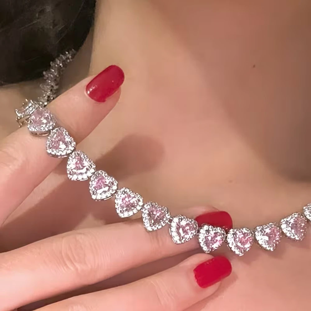ZAKOL 2-teiliges Set Rosa-Weißes Herzförmiges Strass-Halsketten-Ring-Set Glänzender Zirkon Süßer Romantischer Schmuck Geschenk für Frauen Mädchen – Detail 3