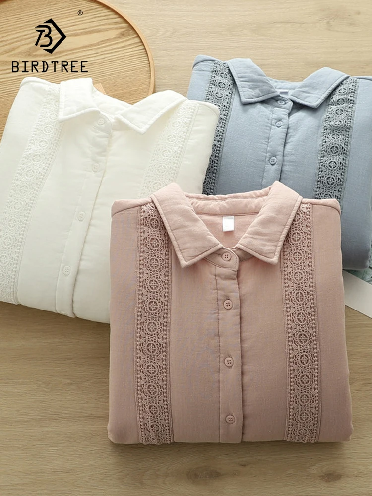 

New 2025 Winter Cotton Padded Long Sleeve Shirt, Women Lapel Lace Patchwork, Mori Girl French Chic Warm Loose Blouse T5D450CC