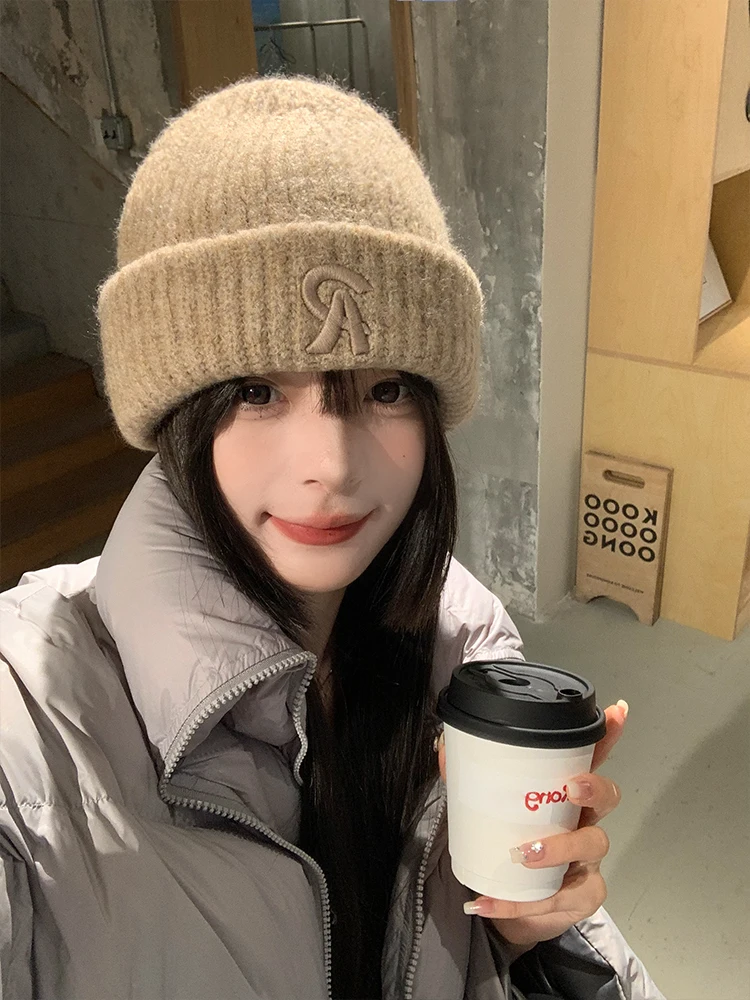 Thickened Pure Color Knitted Woolen Hat for Women Autumn Winter Ear Protection Warmth Cold Resistant Large Circumference Simp...