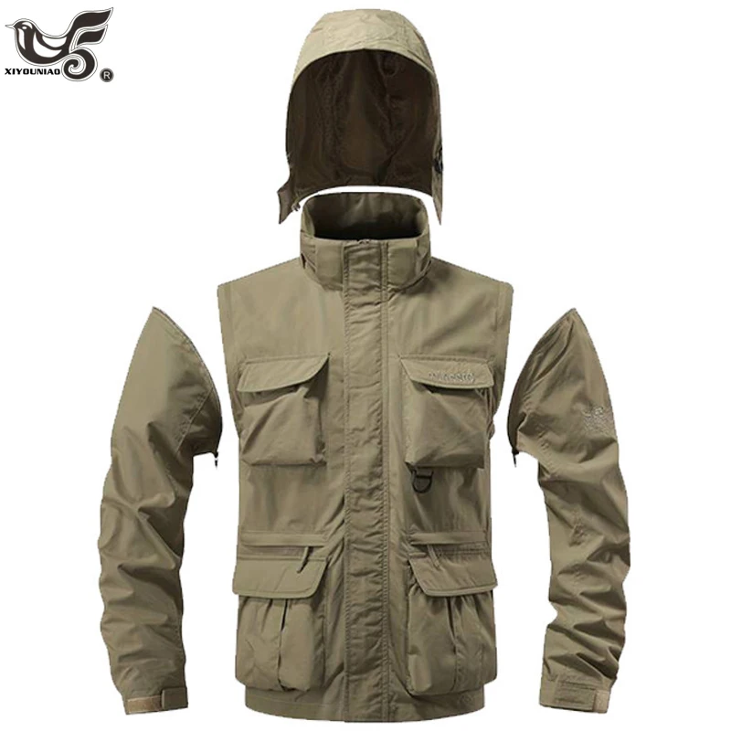 Frühling Herbst Jagd-Taktikjacken Kapuzenjacken für Herren Wasserdichte Jacken Abnehmbare Cargo-Mäntel Angel-/Trekking-Wanderjacken