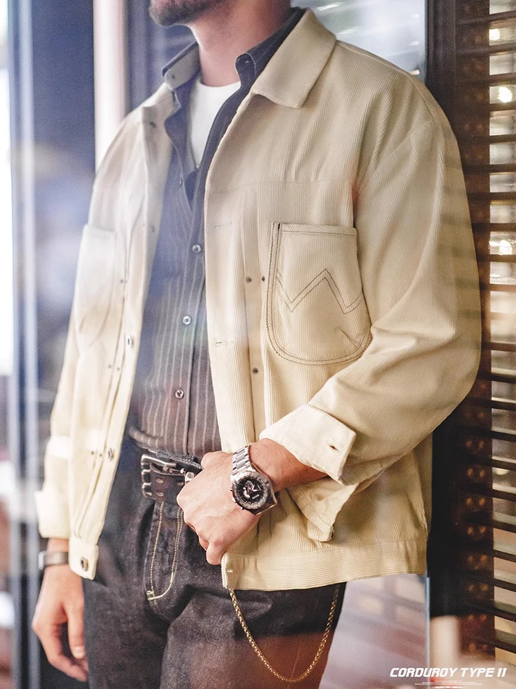 

Maden American Retro Corduroy Jaet pe2 Ame i Turn-down Collar Khaki Men's Outerwear Autumn Stand Fit Long Sve