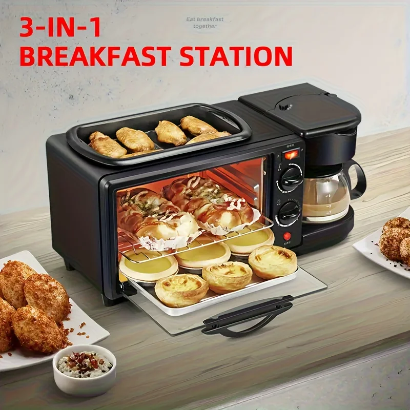 

A Multifunctional Breakfast Station That Includes a Coffee Maker, an Automatic Timed Breakfast Maker with a 2.38-Gallon Rust-Res