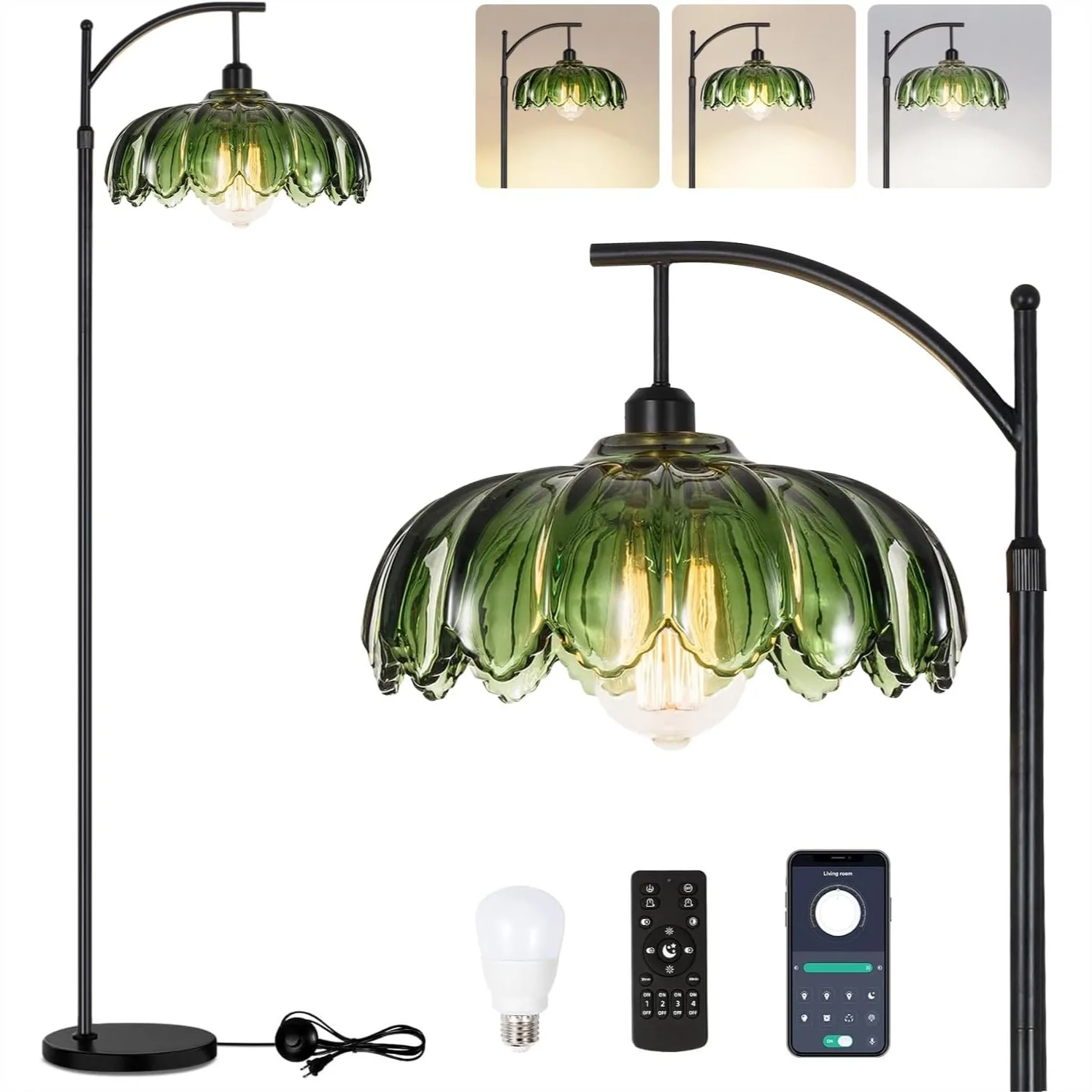 

Gold Floor Lamp with Remote Dimmable, Mid Century Modern Standing Lamp Green Glass Shade for Living Room Bedroom