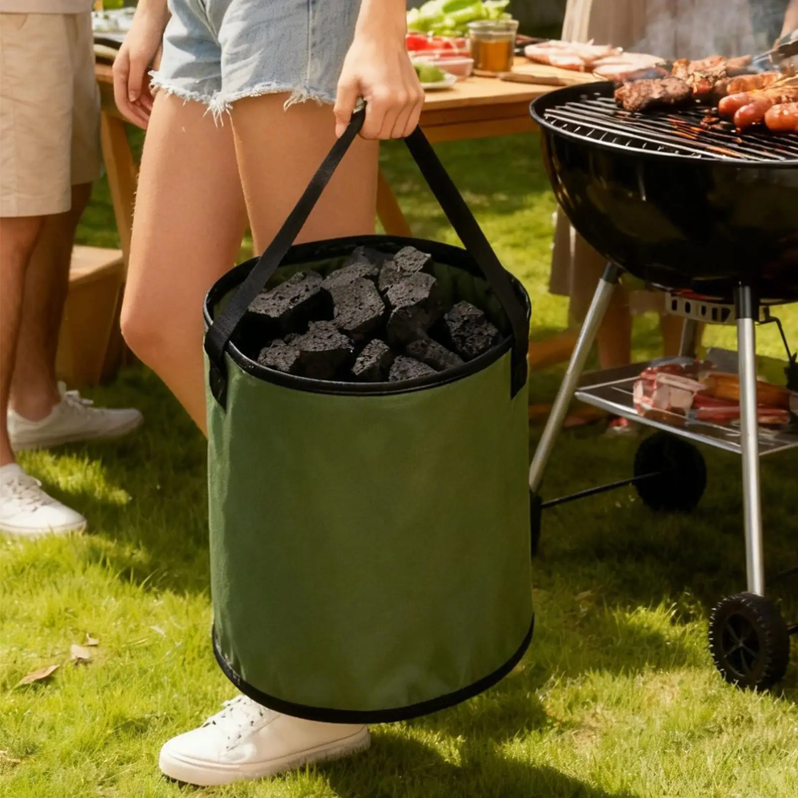 Cubo Portátil para Carbón y Pellets de Madera con Asa y Tapa para Barbacoa, Picnic, Jardín, Patio y Terraza