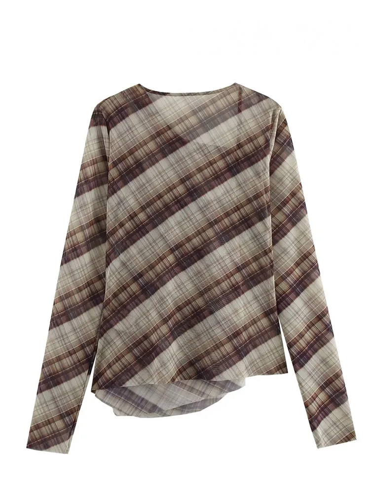 

HH женский новый элегантный клетчатый топ с асимметричным украшением, винтажная блузка, весенняя женская тонкая плиссированная футболка из тюля с длинными рукавами