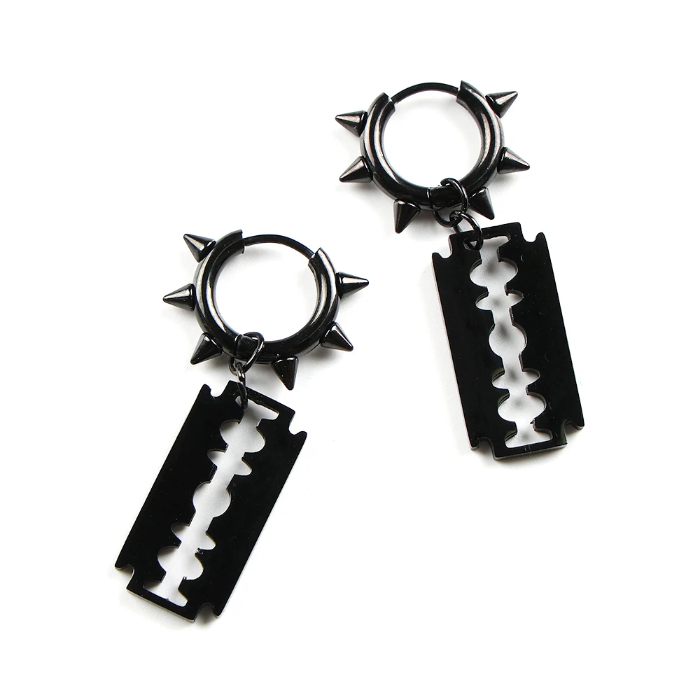 Gothic Punk Spike Rivet Razor Blade Hoop Earrings for Women Men Black Silver Color Stainless Steel Drop Earring Charms Jewelry