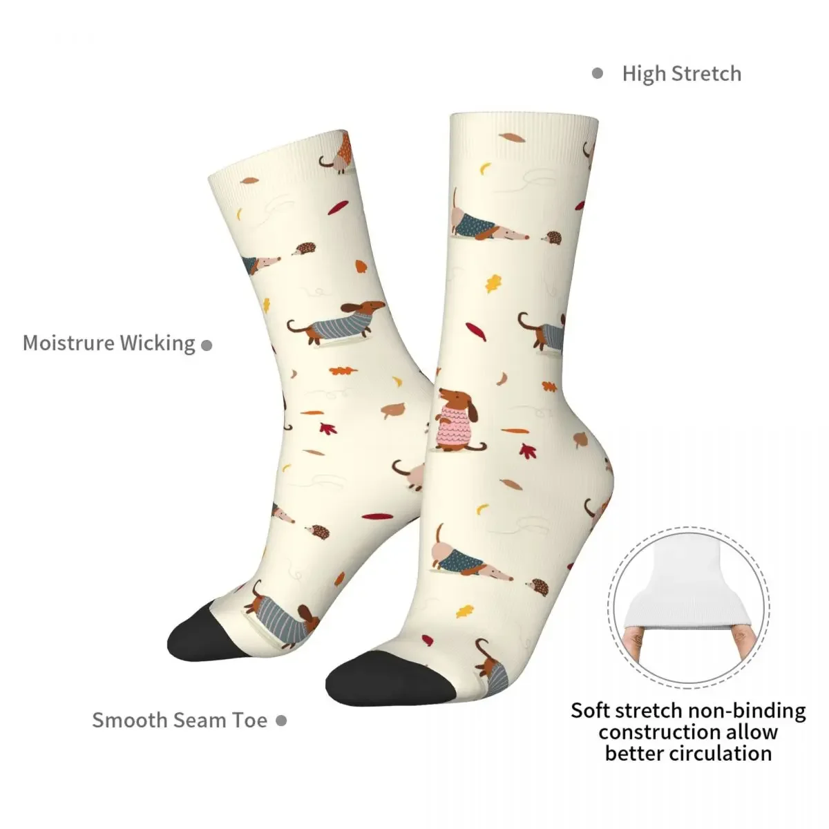 Cute Dachshunds In Winter Sweaters With Autumn Leaves Socks Harajuku Super Soft Stockings All Season Long Socks for Unisex