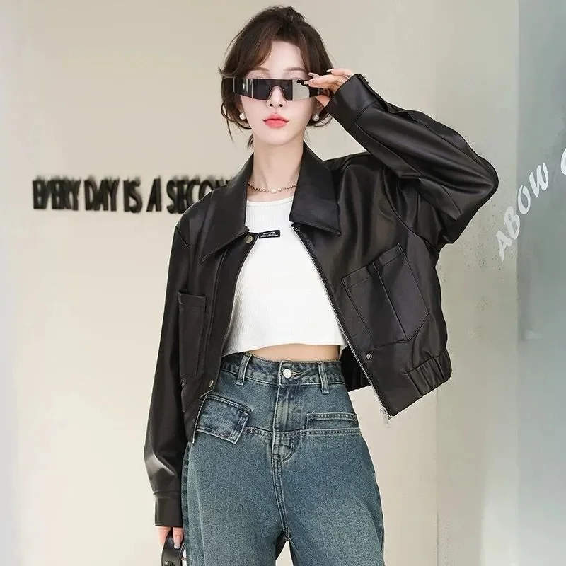 레트로 여성 롱 슬리브 가죽 재킷 2025 여성 숏 PU 가죽 탑 코트 봄 가을 여성 패션 인조 가죽 아우터