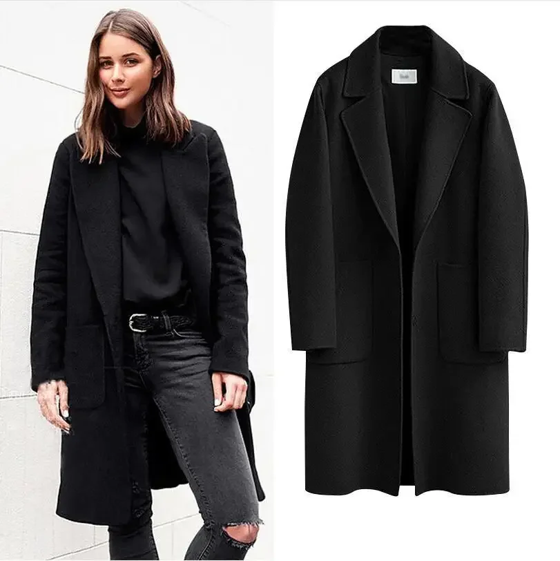 Women's New Autumn/winter Fashion Double-sided Woolen Coat，solid Color Lapel Loose Hidden Buttons Long Woolen Coat with Pockets