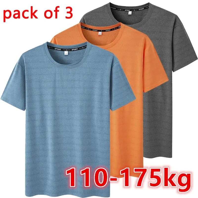 Pack of 3 Summer Sport T-shirt for Men Plus Size 6XL/7XL Quick Dry Tee Oversized Round Neck Short Sleeve Fitness Running T-shirt