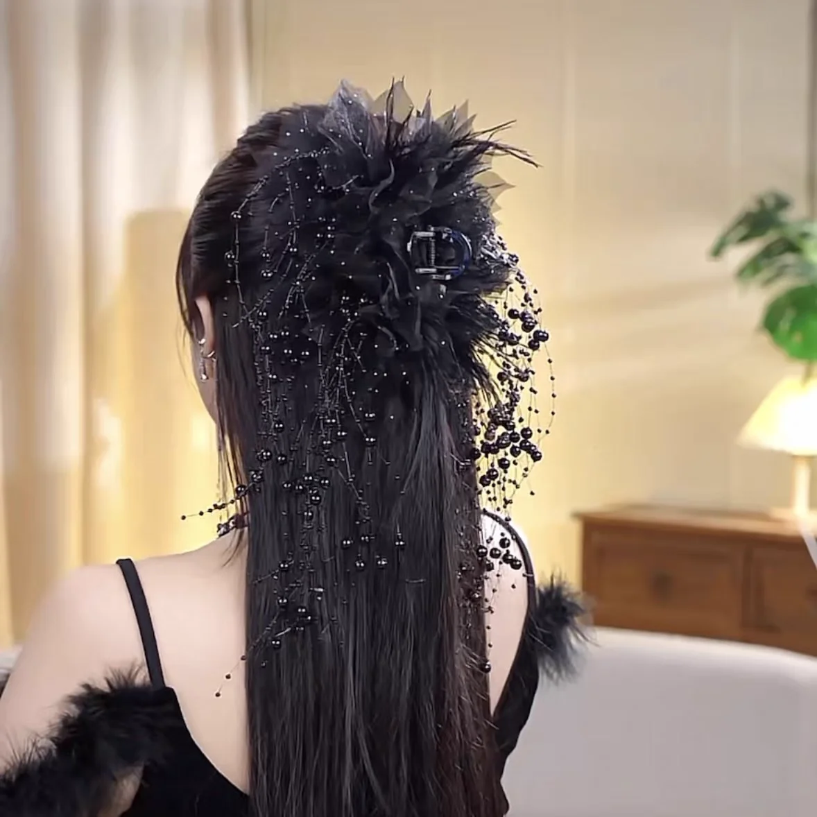 

Корейские женские заколки для волос в стиле панк с перьями, цветами и жемчугом, изысканные, для вечеринок и выступлений, заколки-крабы, аксессуары для волос